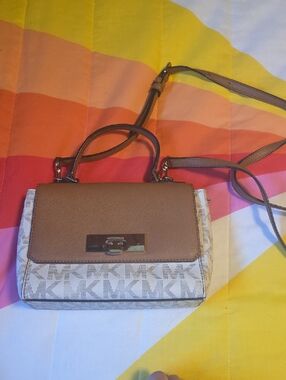 Michael Kors Beige and Brown Logo Crossbody Satchel